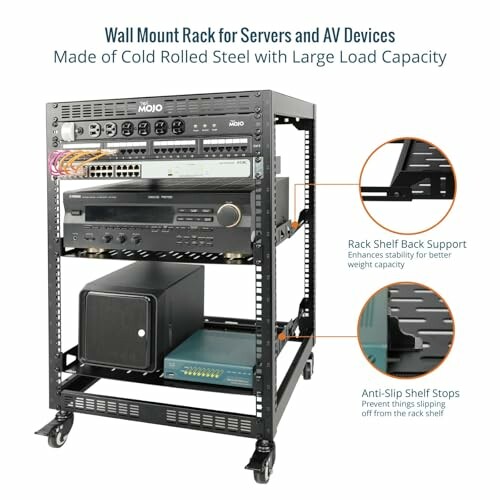 Wall mount rack for servers and AV devices with steel construction and large load capacity.