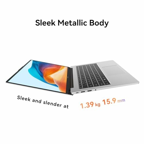 Lightweight laptop with sleek metallic body, weighing 1.39 kg and 15.9 mm thick.