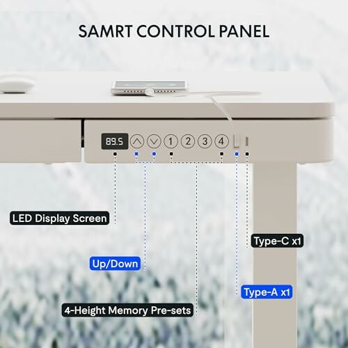 Smart control panel on desk with display and USB ports.