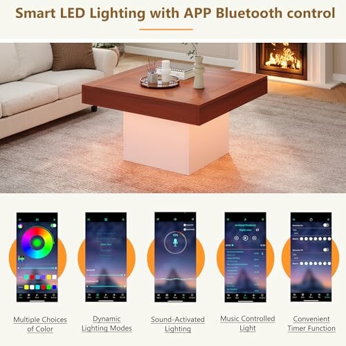 Smart LED lighting with app Bluetooth control featuring color options, dynamic modes, sound-activated lighting, music control, and timer function.