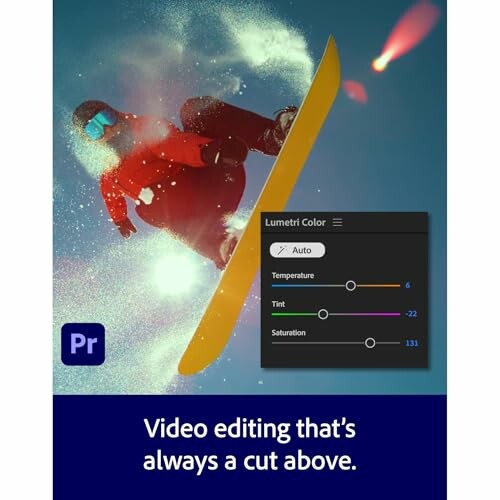 Snowboarder performing a trick with video editing interface overlay.