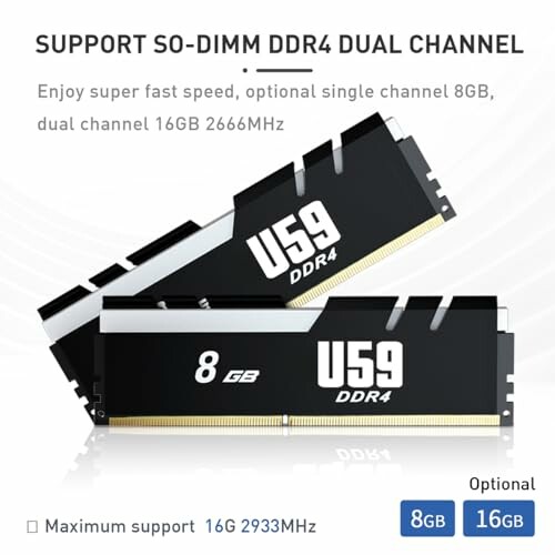 SO-DIMM DDR4 RAM dual channel, 8GB and 16GB options.