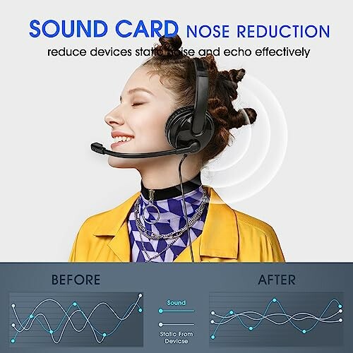 Person wearing headset with noise reduction, before and after sound quality comparison.