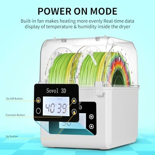 Sovol 3D filament dryer with display showing temperature and humidity.