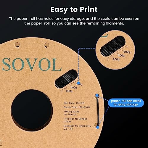 Sovol filament roll with easy storage holes and scale for remaining filaments.