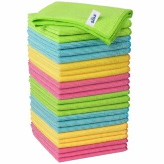 Stack of colorful microfiber cloths in green, blue, yellow, and pink.