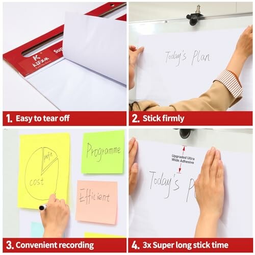 Demonstration of a sticky notepad with easy tear-off, firm sticking, convenient recording, and long stick time.