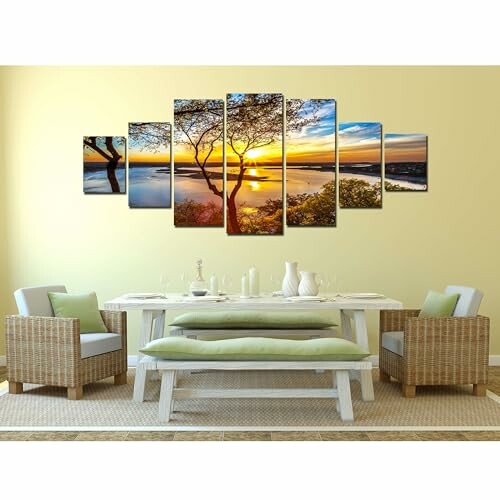 Multi-panel wall art depicting a sunset over a lake in a dining room.