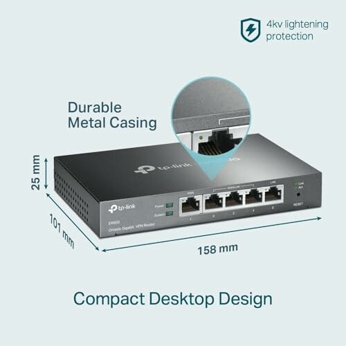 TP-Link router with compact desktop design and durable metal casing.