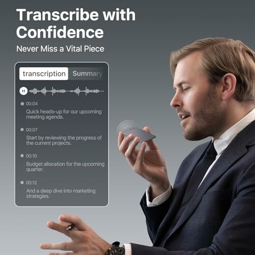 Man in suit holding a phone, demonstrating transcription app interface.