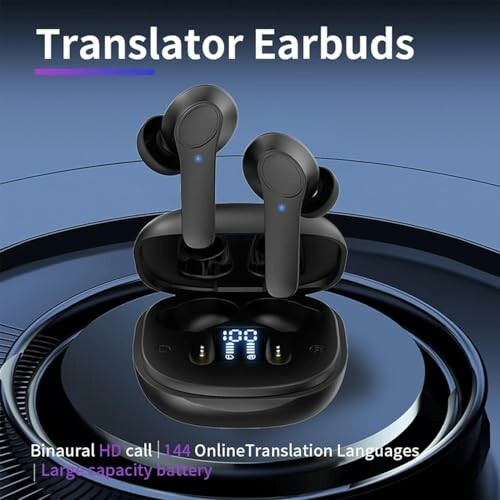 Wireless translator earbuds with charging case.