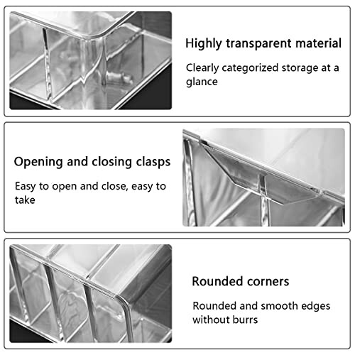 Transparent storage box with features: categorized storage, easy-to-use clasps, and smooth rounded corners.