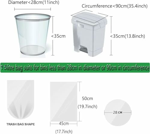 Diagram showing size guide for trash bags fitting bins with specific dimensions.