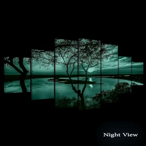 Silhouette of trees against a lake at night, in a multi-panel art piece.