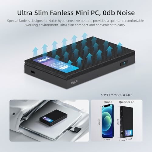 Ultra-slim fanless mini PC with 0db noise, illustrating its compact design and size comparison with a smartphone.