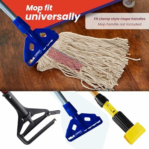 Universal mop fit with various clamp styles and mop heads.