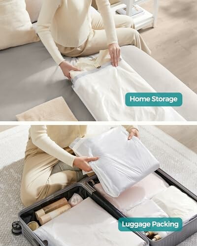 Person using vacuum storage bags for home storage and luggage packing.