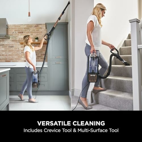 Woman using a vacuum cleaner in the kitchen and on stairs