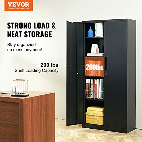 Vevor black storage cabinet with strong load capacity and shelves.