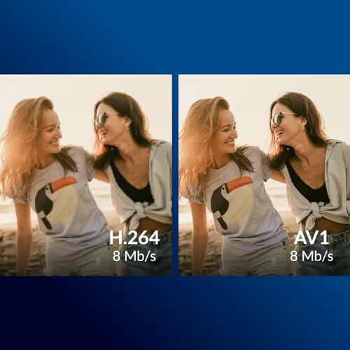 Comparison of video quality between H.264 and AV1 at 8 Mb/s.