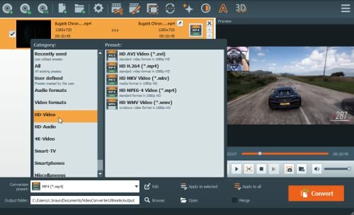 Software interface for video conversion with various format options displayed.