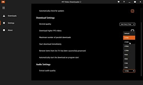 Video downloader settings interface with download options.