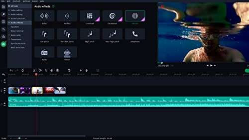 Video editing software interface with audio effects and timeline.