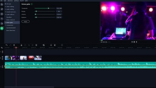 Video editing software interface with noise gate settings and audio timeline.