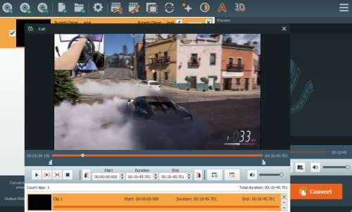 Video editing software interface showing a racing game clip.