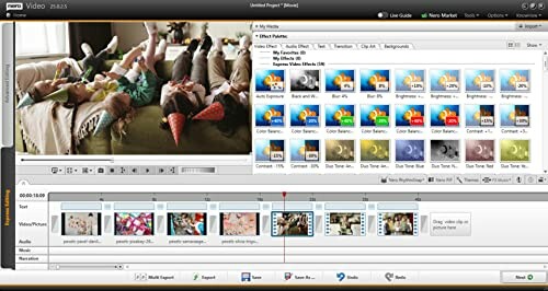 Video editing software interface showing timeline, effects, and preview.