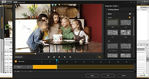 Video editing software interface showing children around a birthday cake.