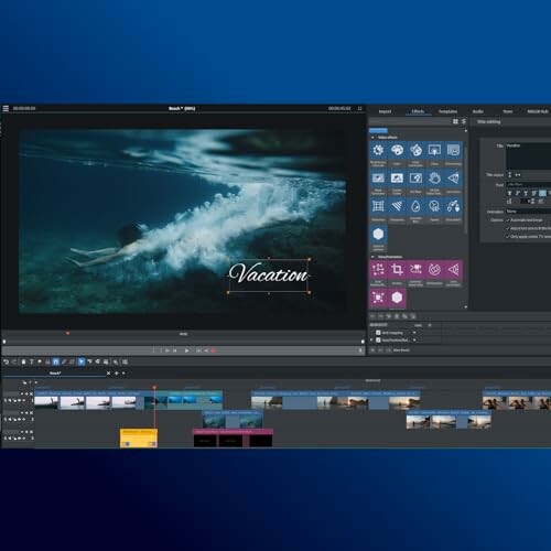 Video editing software interface showing timeline and underwater scene.