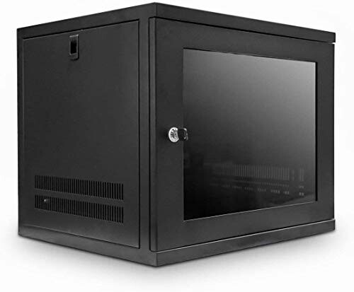 A black wall mount server rack with glass door.