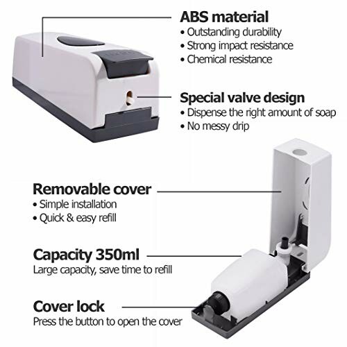 Wall-mounted soap dispenser with features highlighted