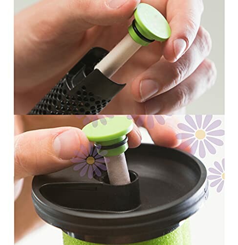 Demonstration of inserting a filter straw into a water bottle lid.