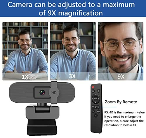 Webcam with 1X, 3X, and 9X magnification examples and remote control.