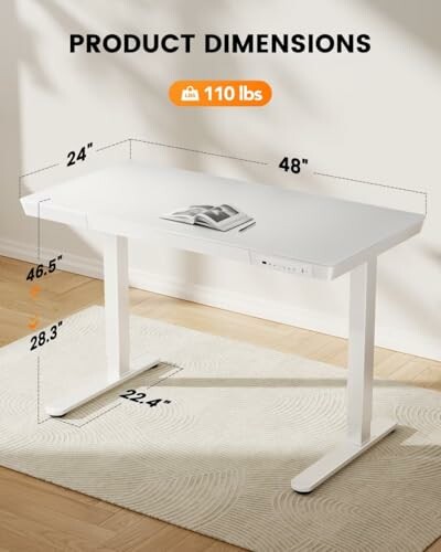 White desk with dimensions and weight capacity shown.