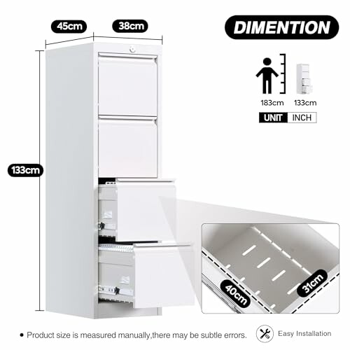 White file cabinet with dimensions labeled in centimeters.