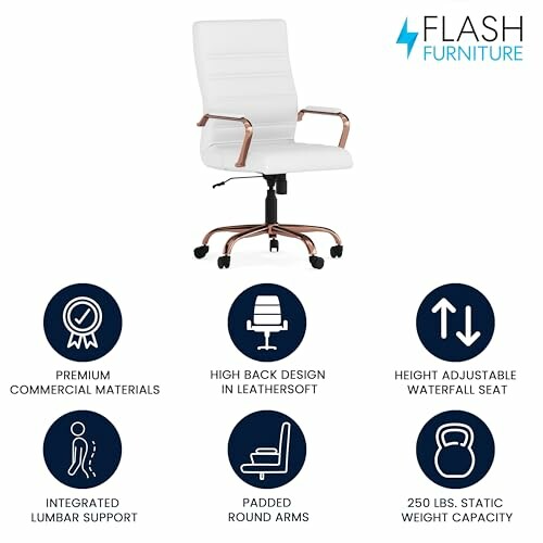 White office chair with high back design and features like lumbar support, padded arms, and height adjustability