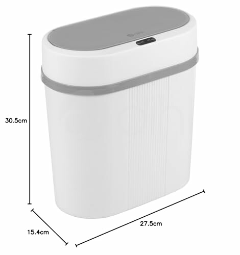 White rectangular trash can with dimensions labeled.