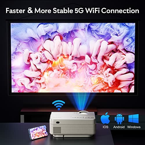 YEZMEK Projector displaying colorful image with 5G WiFi connection icons.