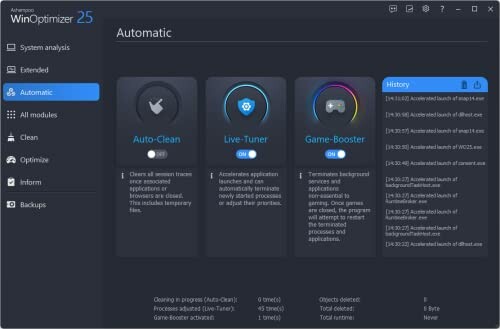 WinOptimizer 25 Automatic tools interface with Auto-Clean, Live-Tuner, and Game-Booster options.