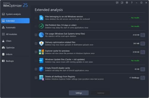Screenshot of WinOptimizer 25 showing extended analysis results.