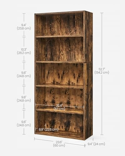 Wooden bookshelf with dimensions labeled.