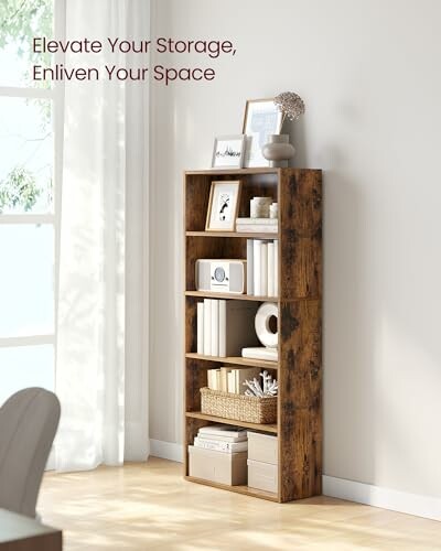 Wooden bookshelf with books and decor in a bright living room.