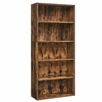 Tall wooden bookshelf with five shelves.