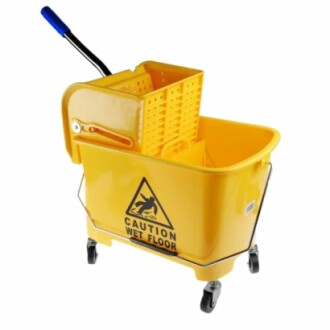 Yellow mop bucket with caution wet floor sign.