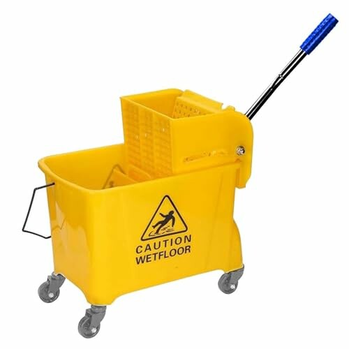 Compact yellow mop trolley with wheels.